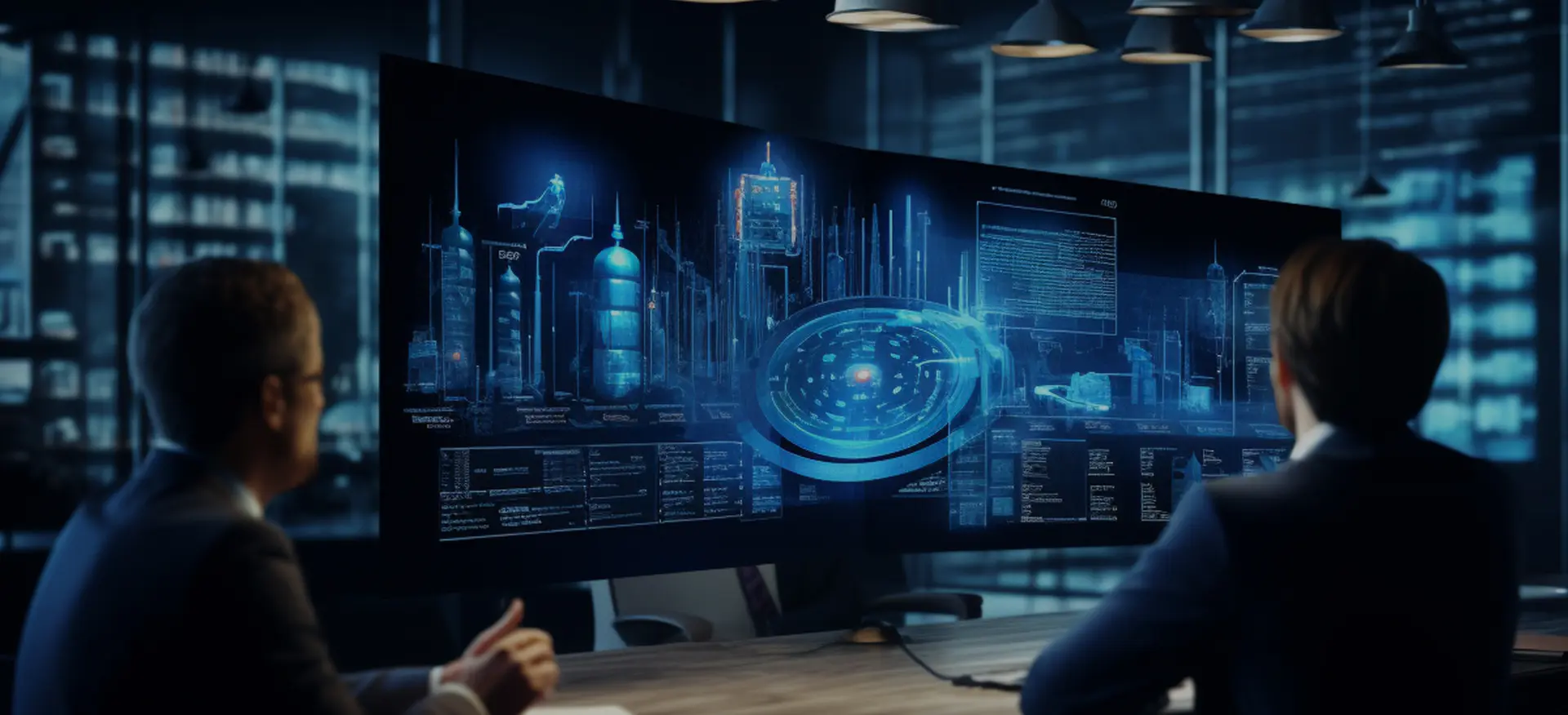 Two professionals reviewing advanced data and cloud systems on a large digital screen