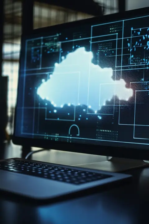 Close-up of a computer screen showing a digital map of a country, with glowing data points and grid patterns.