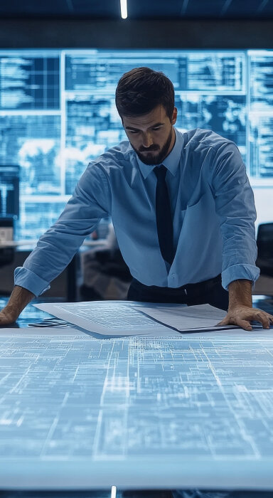 Map with a location pin and measurement lines on a yellow background.