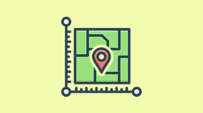 Map with a location pin and measurement lines on a yellow background.