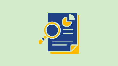 Icon of a document with a magnifying glass and a pie chart, symbolizing report analysis.