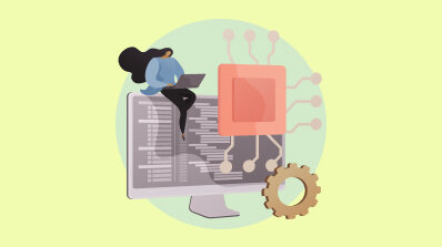 Illustration of a person working on a laptop with code on a screen, surrounded by digital elements and gears.