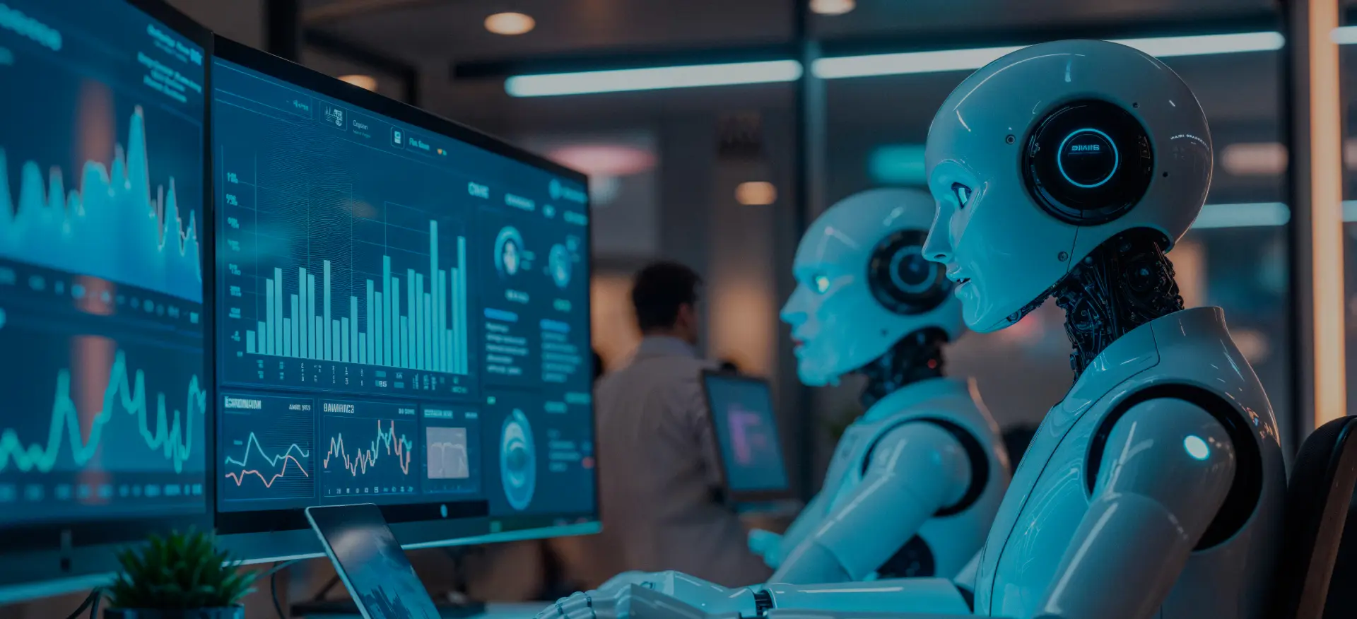Robots analyzing data on computer screens displaying graphs and charts