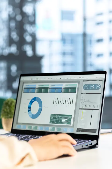 Person working on a laptop displaying business data analytics