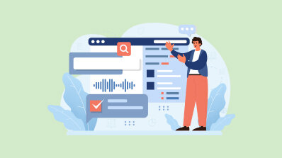 Illustration of a person interacting with a search interface, with options for text, voice, and checkboxes.