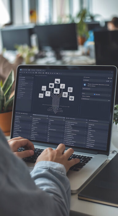 Illustration of two people interacting with gears, lightbulbs, and growth symbols representing teamwork and innovation.