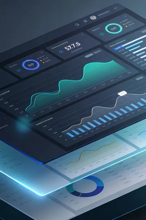 Close-up of a futuristic data dashboard showing various graphs, charts, and metrics in a 3D interface.