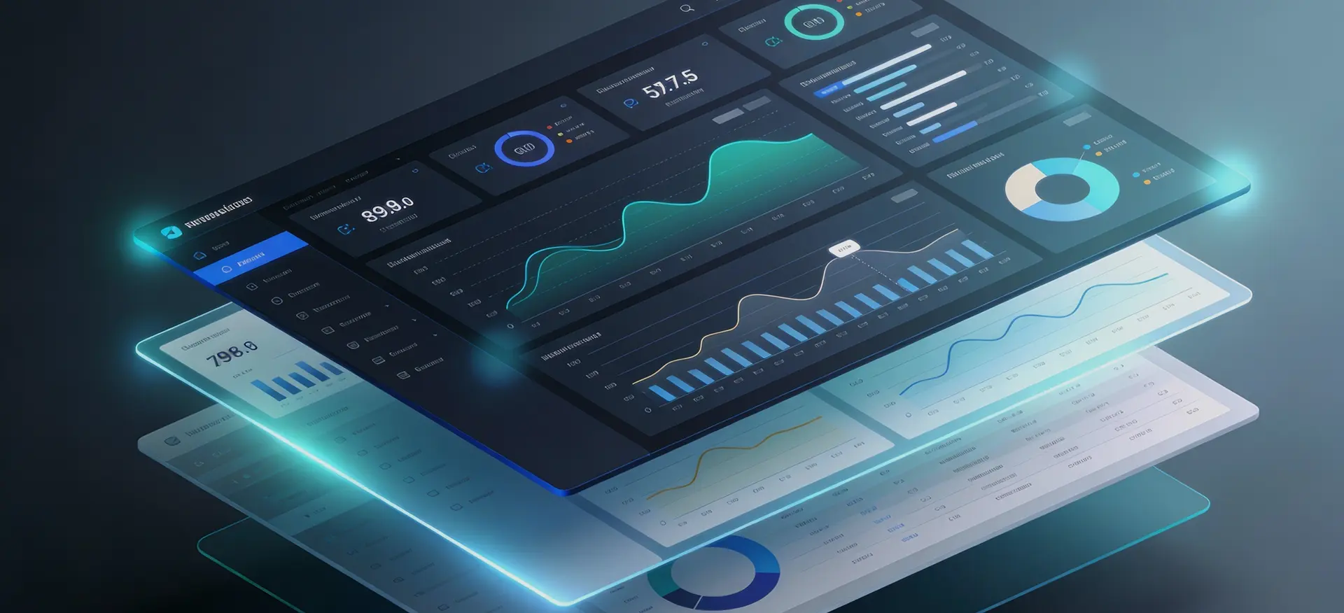 Futuristic data dashboard with multiple layers displaying graphs, charts, and analytics in a glowing, 3D-like interface.