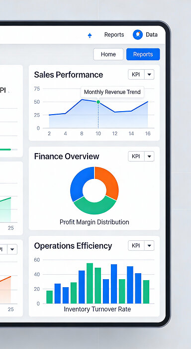 Illustration of a computer displaying bar charts and a pie chart representing data analysis.