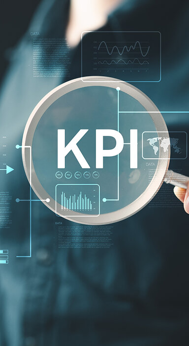 Illustration of various data analysis tools including a magnifying glass, charts.