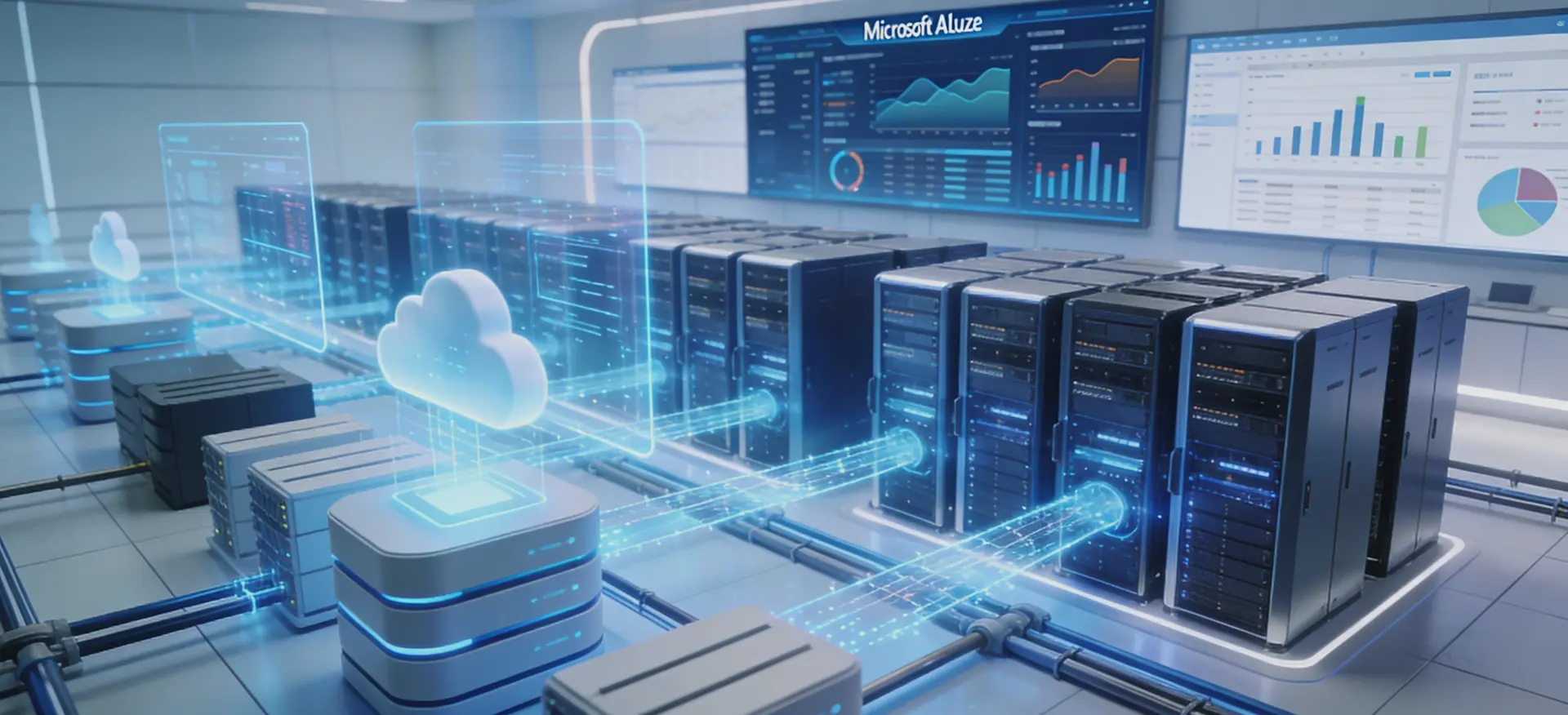 Futuristic data center with Microsoft Azure cloud integration, displaying server racks and data visualizations.