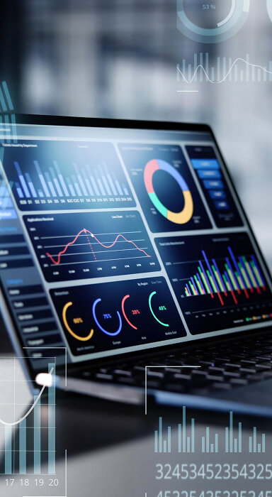 A laptop screen displaying data charts, representing enterprise SEO services and solutions offered by an enterprise SEO agency for website optimization.