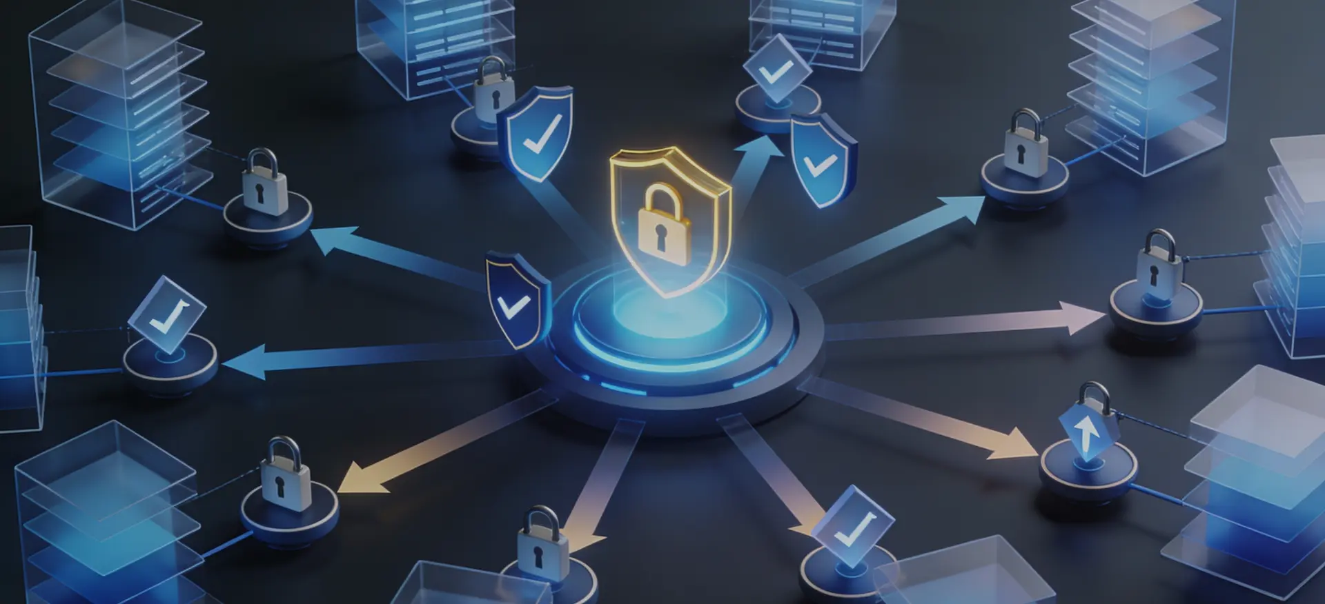 digital network with locks and shields representing secure data flow and protection.