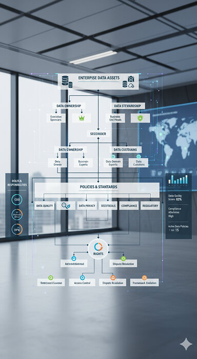 3D illustration of cloud storage with labels for ownership, stewardship, policies, and decision rights.