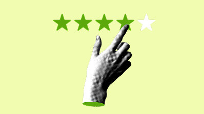 Illustration of a hand selecting a star on a rating system with green stars and one unfilled.
