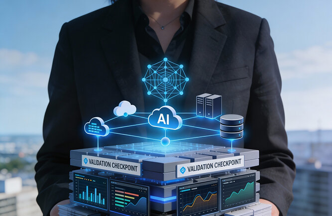 AI-driven data validation checkpoint with cloud and server icons, represented by a person holding a digital interface with graphs and analytics.