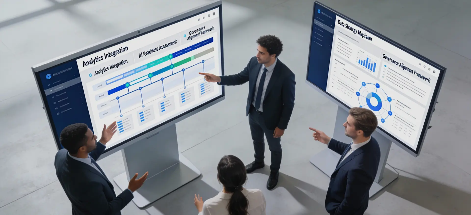 Group of professionals discussing data and analytics on large interactive screens in a modern office.