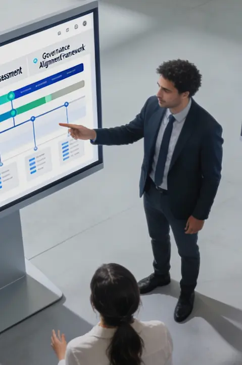 Group of professionals discussing data and analytics on large interactive screens in a modern office.