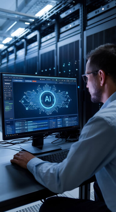 An illustration of a human and a robot on opposite sides of a balance scale, symbolizing the balance between humans and AI.