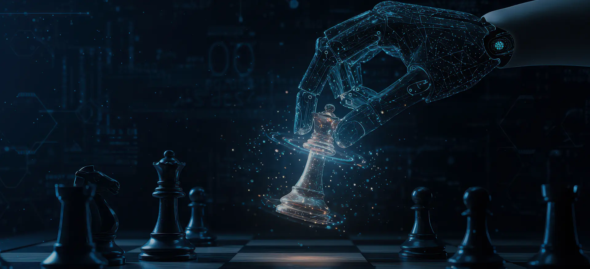AI robotic hand moving a chess piece on a chessboard.