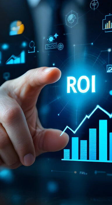 illustration of financial tools including a calculator, percentage symbol, and an upward-trending growth arrow.