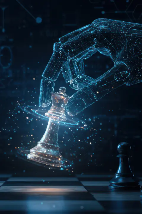 AI robotic hand moving a chess piece on a chessboard.