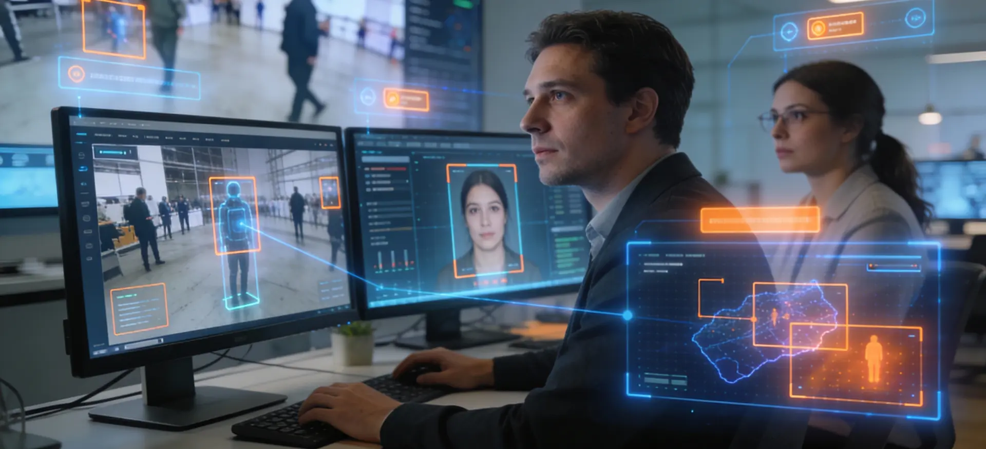 A person's finger touching a glowing 'ROI' button on a digital interface featuring financial bar graphs and line charts.