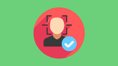 Biometric facial recognition icon with a verified checkmark.