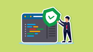 Illustration of a professional securing a computer application with a green safety shield.