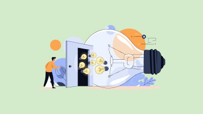 Conceptual graphic of a person opening a 'door of ideas' inside a large lightbulb