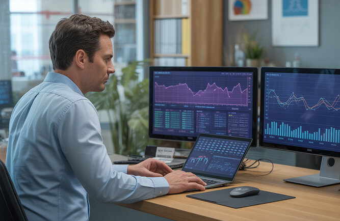 Person analyzing data on multiple screens with graphs and charts, representing computer vision and video analytics in a modern office setup