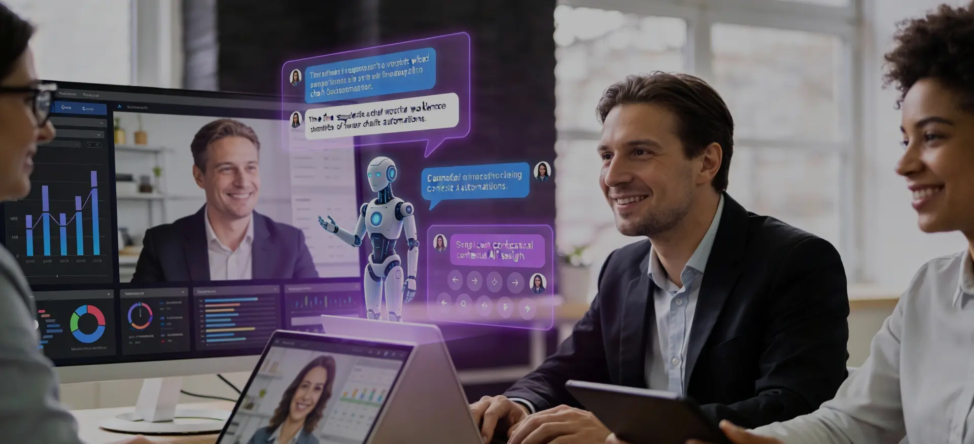 Illustration of colleagues in a hybrid meeting interacting with an AI-driven robot assistant and digital chat overlays.