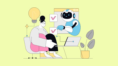 Illustration of a person and an AI robot collaborating on a task list.