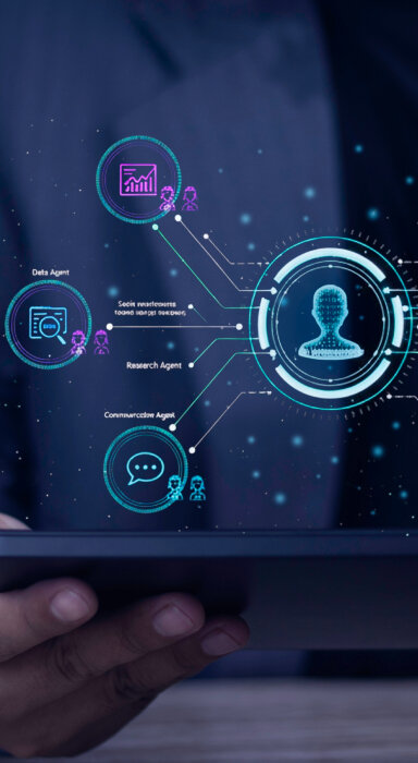 Isometric diagram of a multi-agent AI system with specialized roles for coding, research, and planning.