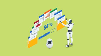 Isometric graphic of robots automatically organizing digital documents and data into folders.