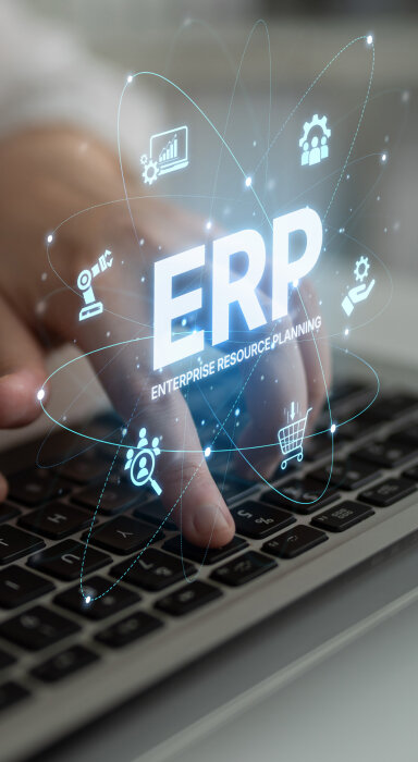 Flat design illustration showing a digital professional connected to various workplace productivity icons.