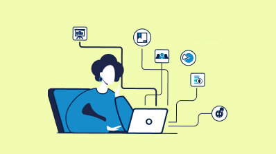 Flat design illustration showing a digital professional connected to various workplace productivity icons.
