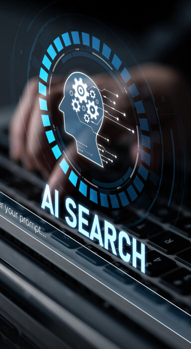 Hands typing with an 'AI Forecast' holographic dashboard and data charts.