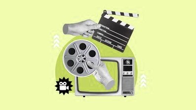 Clapperboard, film reel, and vintage TV, symbolizing creative services in experiential branding on the Experiential Branding page