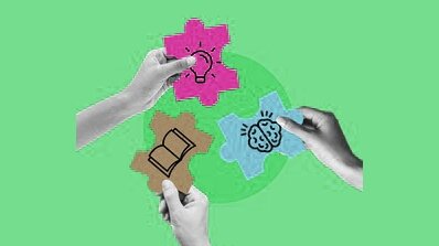 Creative services for integrated campaigns illustrated through puzzle pieces symbolizing ideas, knowledge, and innovation