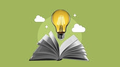 Creative services for creative copywriting symbolized through an open book and an idea lightbulb, representing innovation and storytelling