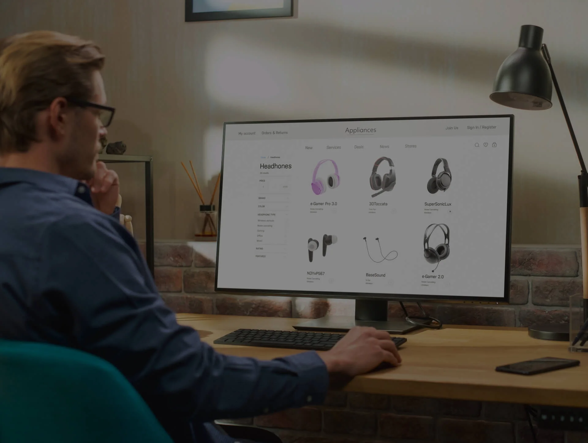 erson browsing an eCommerce portal for headphones, showcasing web design and development services for online shopping platforms