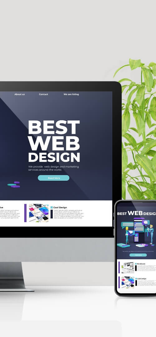 A laptop and smartphone displaying a website, showcasing cross-platform compatibility for progressive web solutions. The devices are set against a clean, white background.