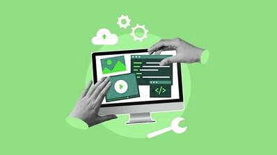 Hands interacting with a computer screen displaying coding and media elements, symbolizing Digital Design Services by a creative digital design agency