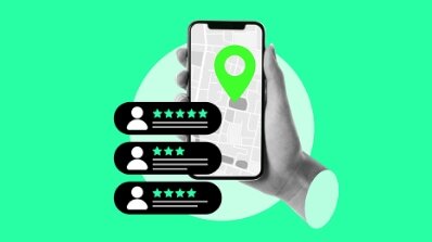 Hand holding a mobile with local business listings and reviews, highlighting the need for a local SEO audit to optimize directory presence