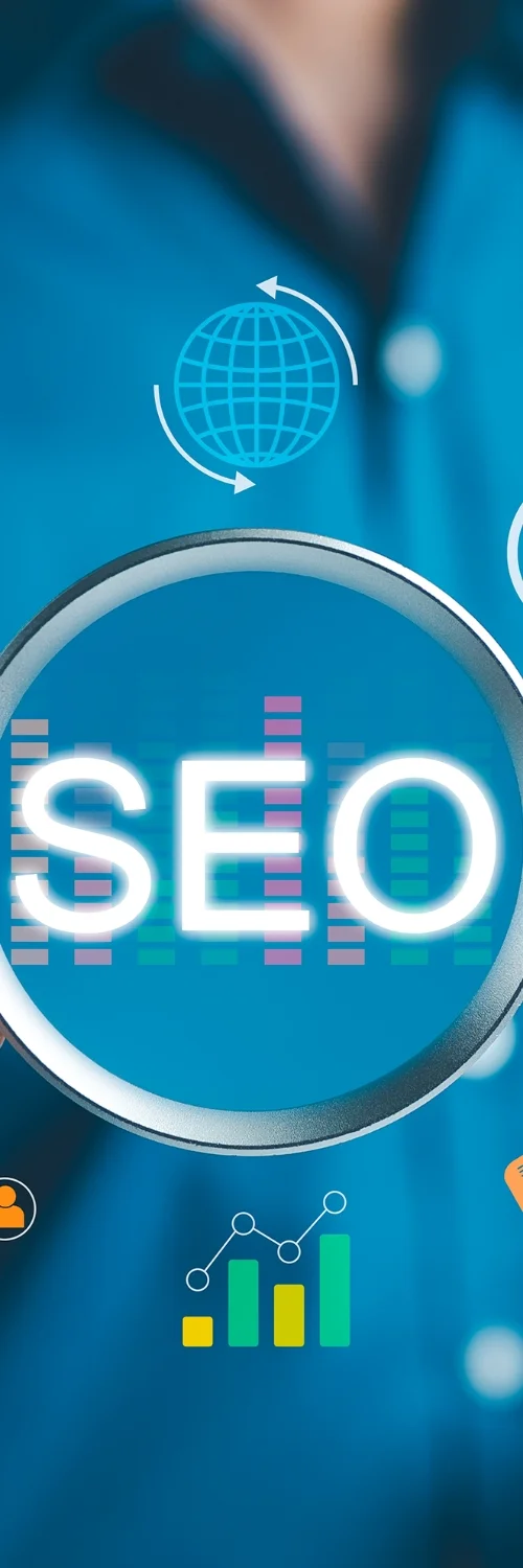 Hands typing on a keyboard with SEO analytics and charts, representing a local SEO strategy for effective onsite and technical SEO optimization