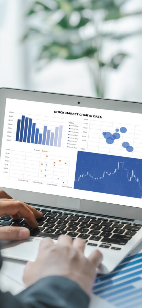 Two figures analyzing data on a screen, representing PIM Implementation Services and PIM implementation consultancy for data-driven decision-making