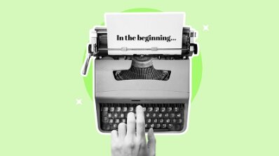 Vintage typewriter with the phrase 'In the beginning...', representing the start of creating ad copy in digital marketing service