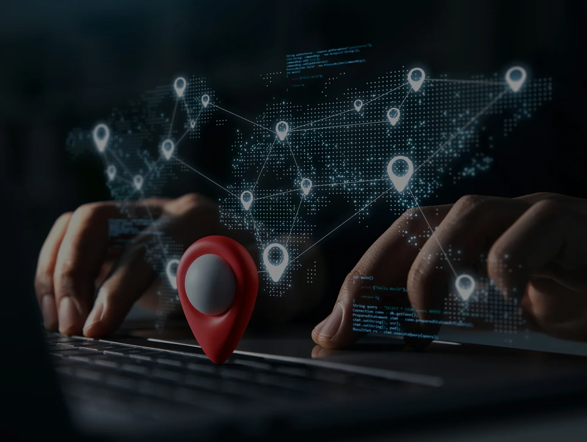 Person using a laptop with location data points, representing local SEO services for improving online visibility and local search results