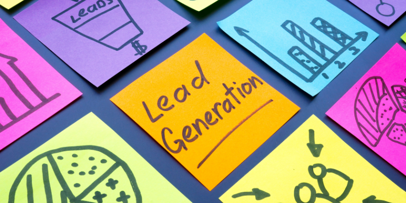 Colorful sticky notes with illustrations of charts and sales funnels surrounding a central note labeled 'Lead Generation', representing the concept of B2B lead generation.